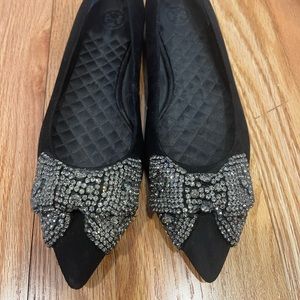 Tory Burch Vanessa Black Suede Crystal-Bowed Flats